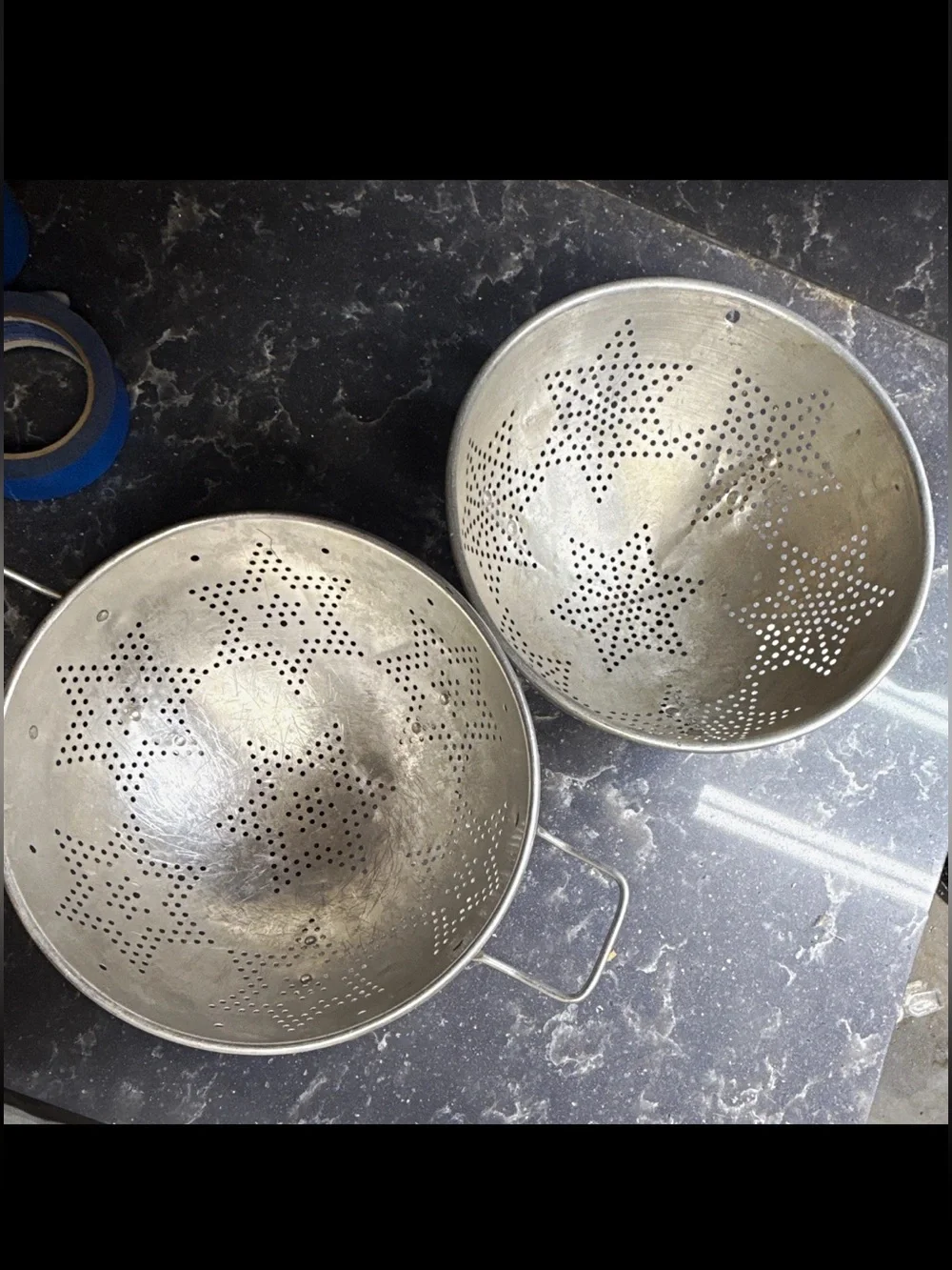 Vintage/Retro Silver Metal Star Pattern Colander Strainers w/ Handles Set of 2
